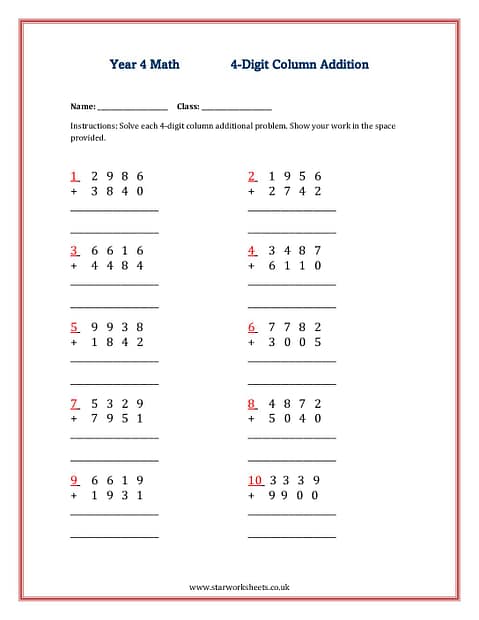 4 digit column addition pdf